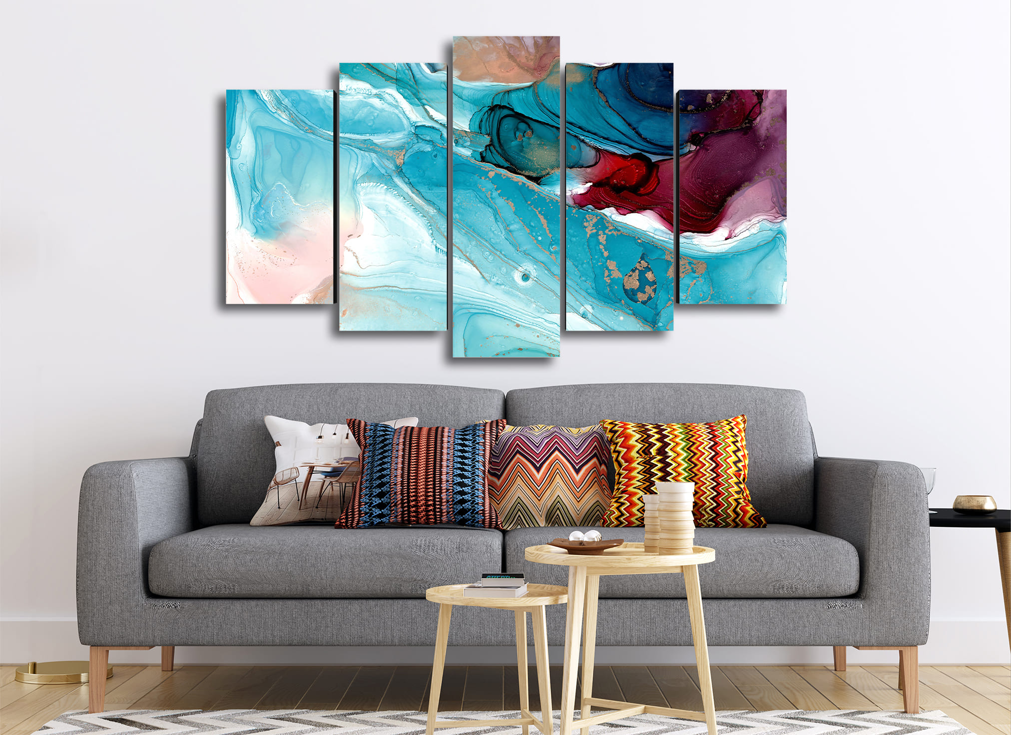 Cuadro Decorativo Abstracto Moderno Agua Marina 100x60cm 5pzs Cuadros MX