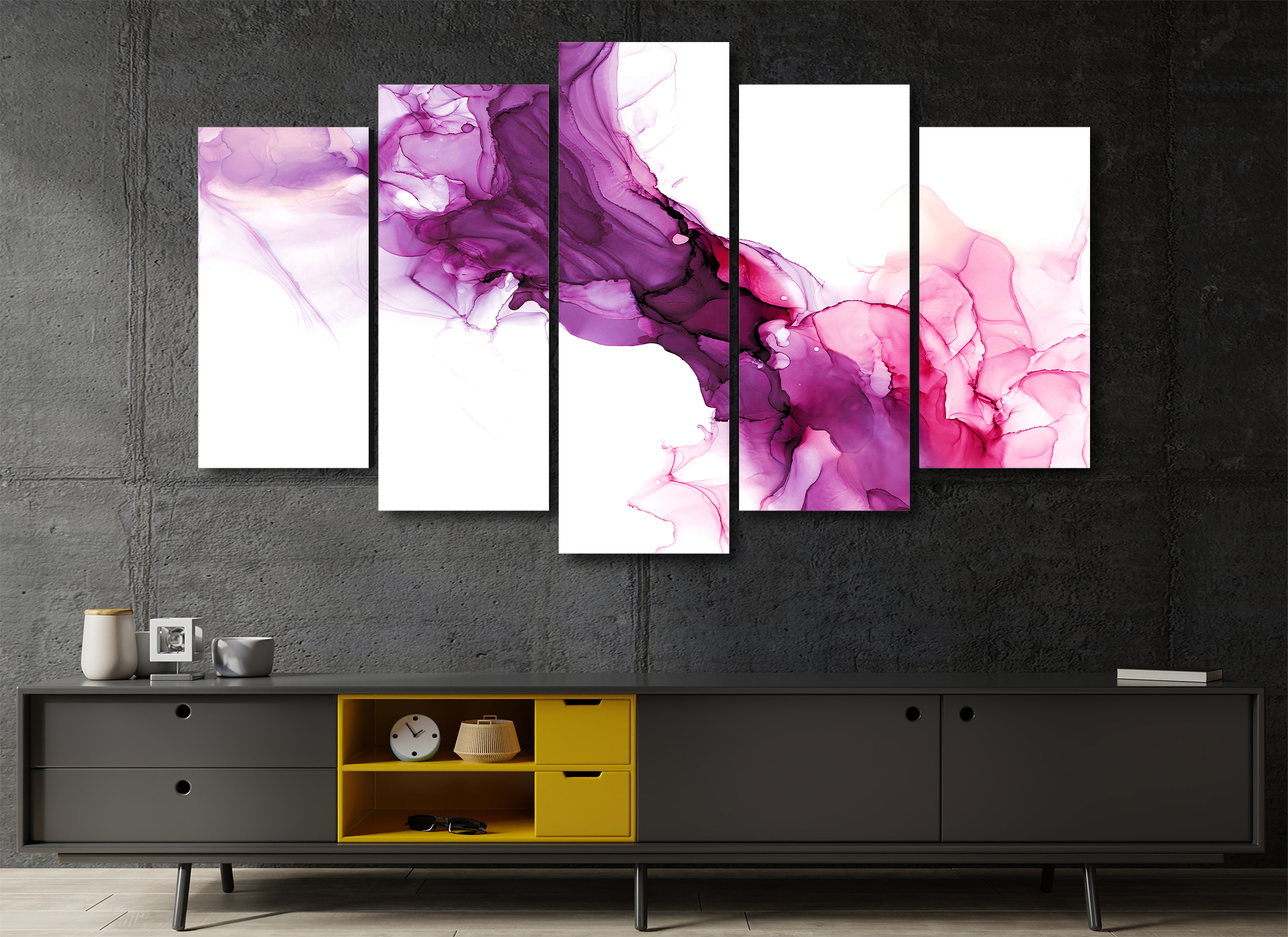 Cuadro Decorativo Abstracto Moderno Violeta Marmol 100x60cm 5pzs Cuadros MX