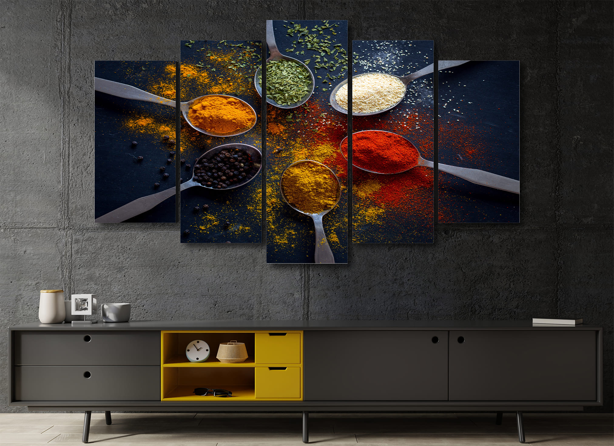 Cuadro Decorativo Cocina Cucharas Condimentos /Especies Mixtas 100x60cm 5pzs Cuadros MX