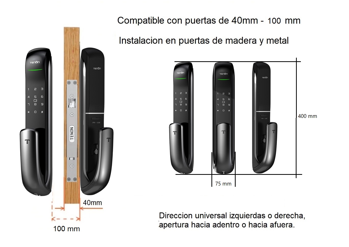 Cerradura Digital Tenon A3 UV (huella, tarjeta, clave y llaves)