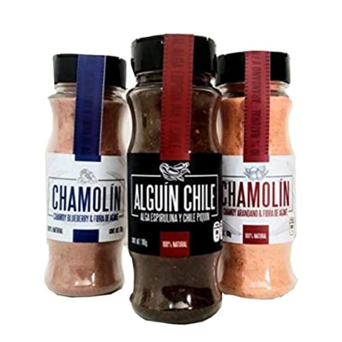 Chamolin Chamoy Arandano y Fibra De Agave, S-Alguin Alga Espirulina Y Chile Piquin, Chamolin Chamoy Bluberry Y Fibra de Agave. Paquete de 3 piezas de 110g