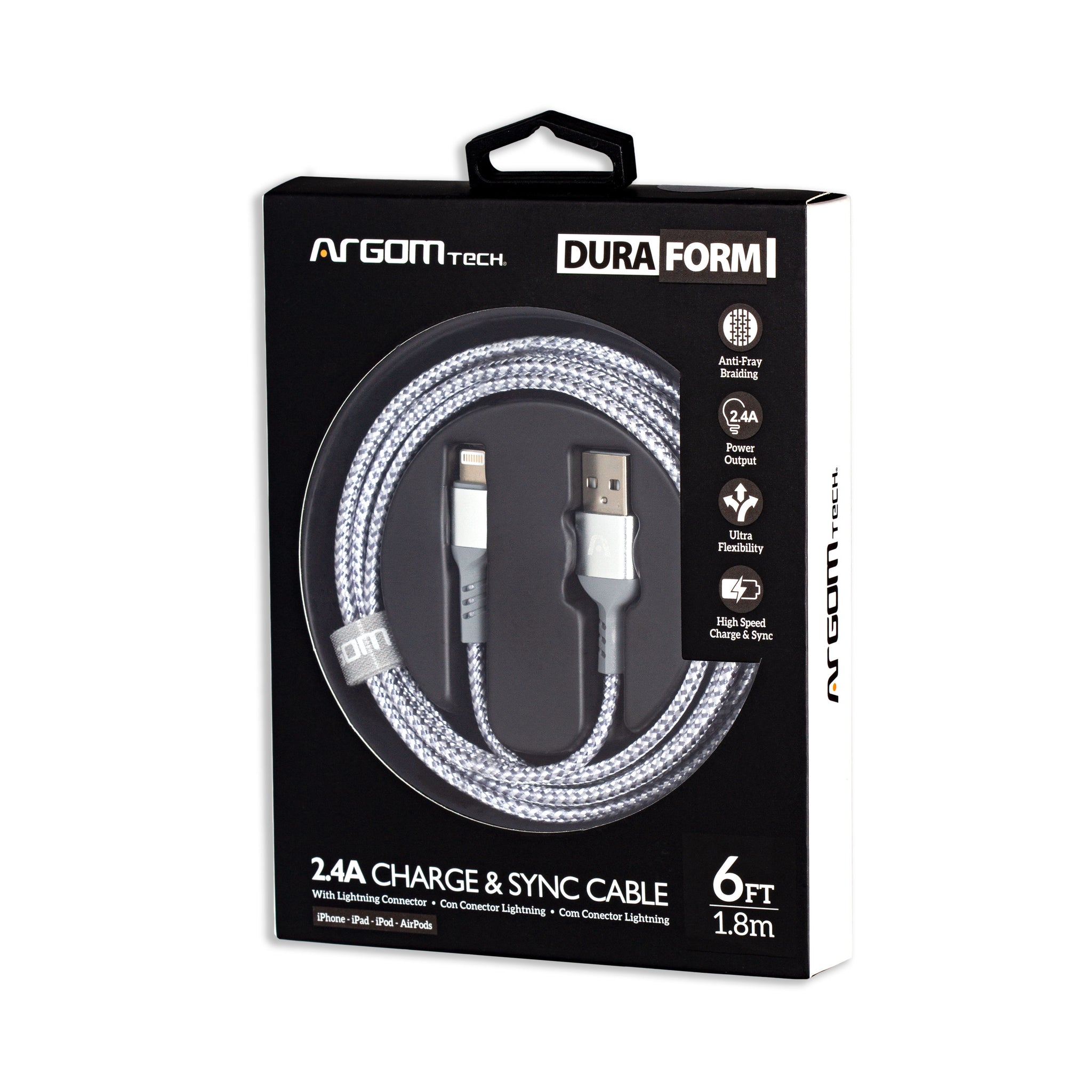 Cable Lightning a USB 2.0 Carga Rápida Nylon Trenzado Duraform 1.8 m - Blanco ArgomTech