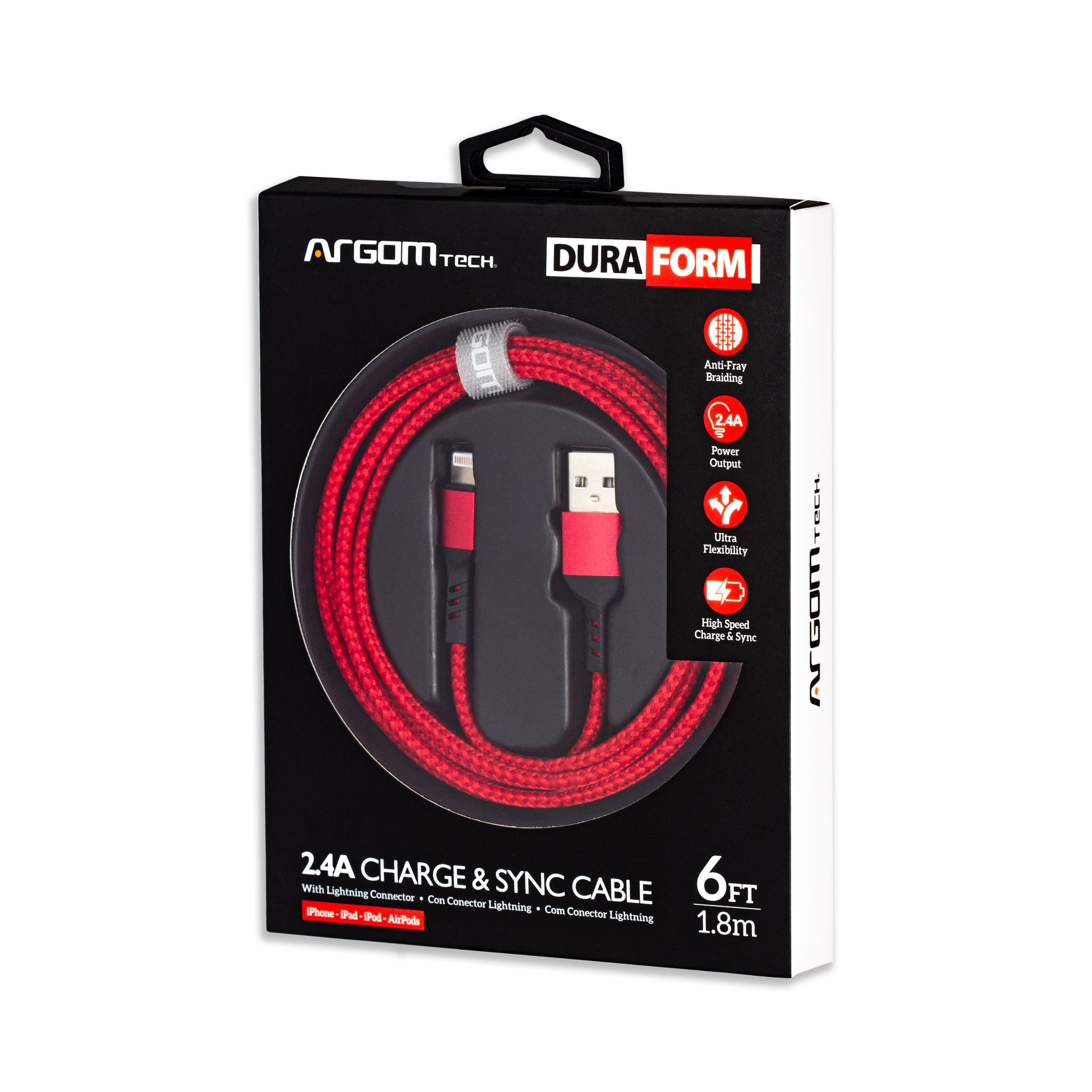 Cable Lightning a USB 2.0 Carga Rápida Nylon Trenzado Duraform 1.8 m - Rojo ArgomTech
