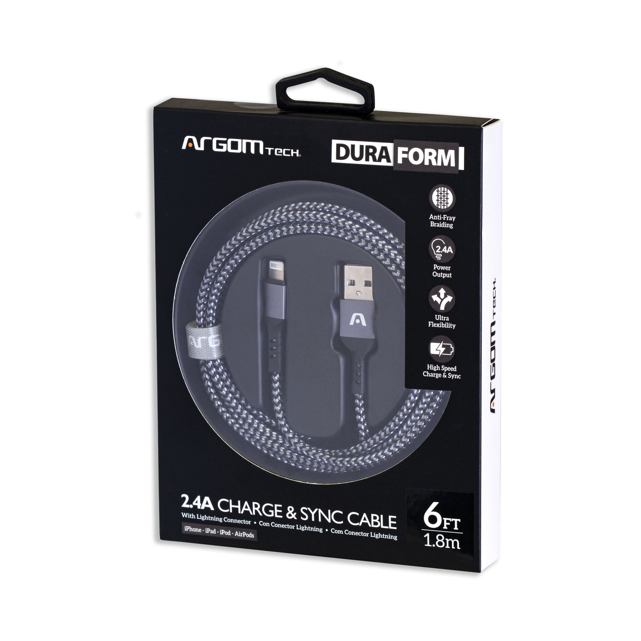 Cable Lightning a USB 2.0 Carga Rápida Nylon Trenzado Duraform 1.8 m - Negro ArgomTech