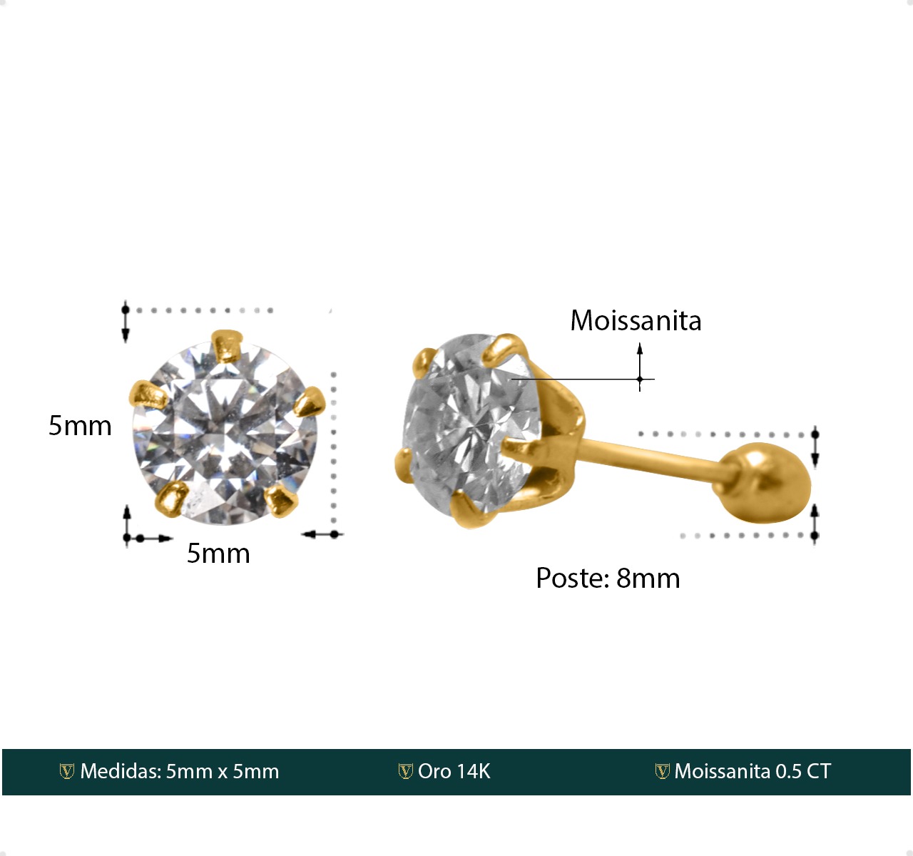 ARETES | BROQUELES ORO SÓLIDO 14K DIAMANTE MOISSANITA 1.0CT VAROURO