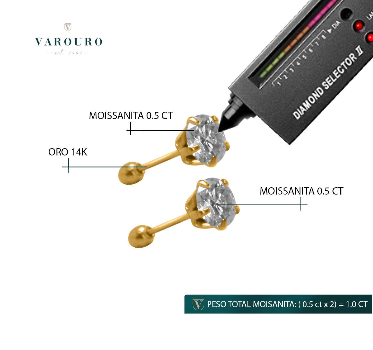 ARETES | BROQUELES ORO SÓLIDO 14K DIAMANTE MOISSANITA 1.0CT VAROURO