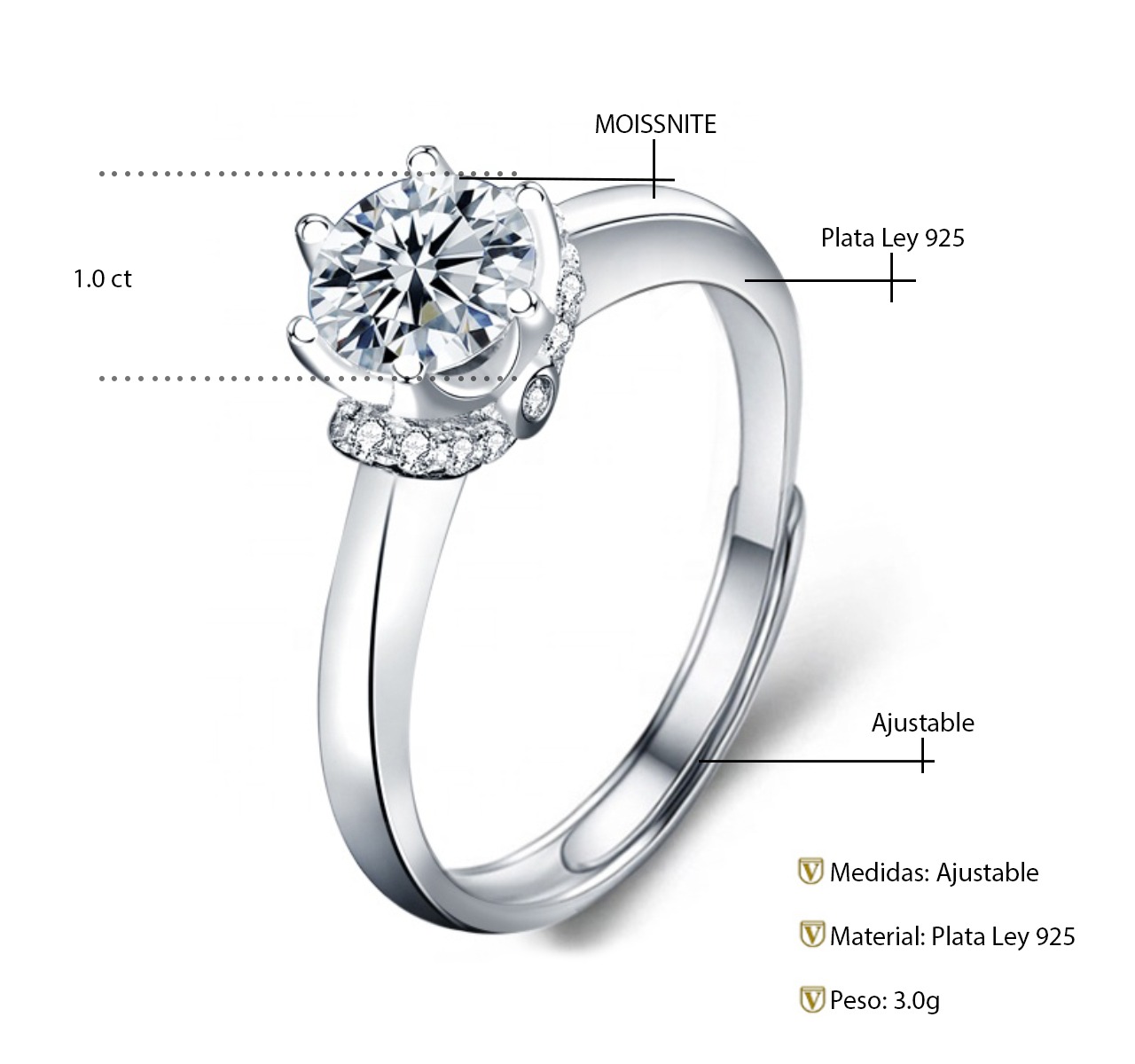 Anillo De Compromiso Plata 925 Moissanita 1.0ct | Ajustable VAROURO 