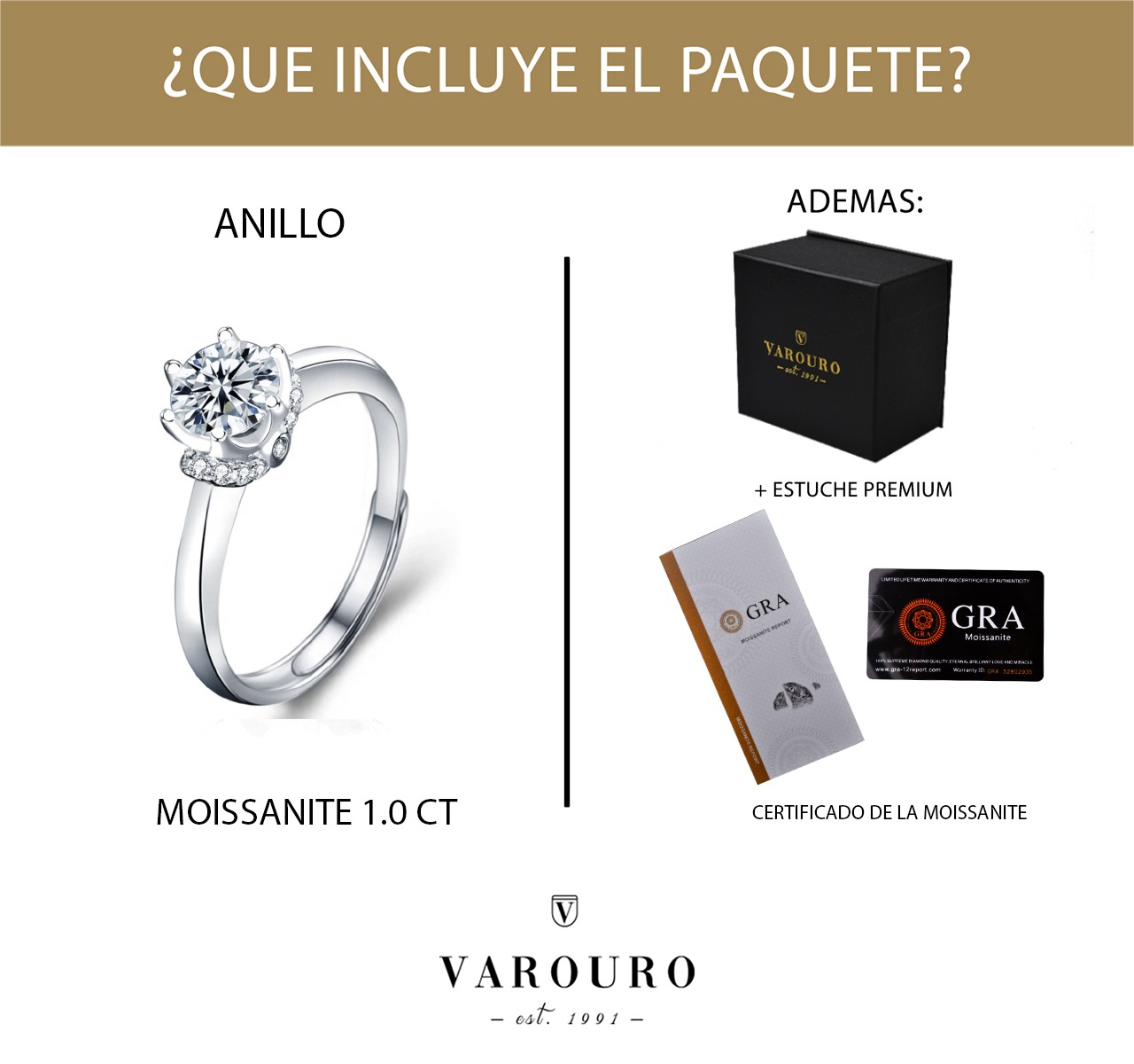 Anillo De Compromiso Plata 925 Moissanita 1.0ct | Ajustable VAROURO 