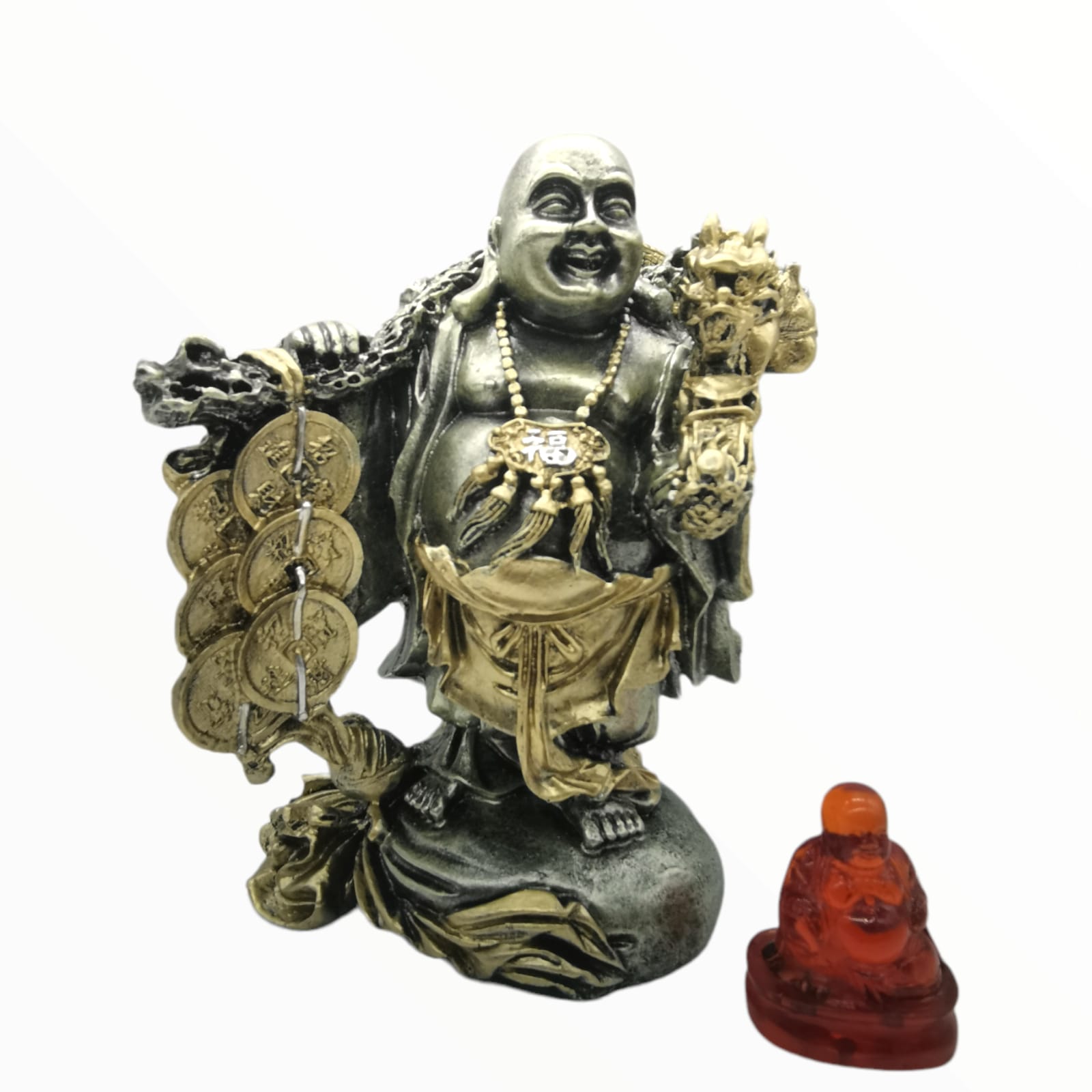 Buda De Pie Plateado 23cm (buda Abundancia De Regalo 6cm)