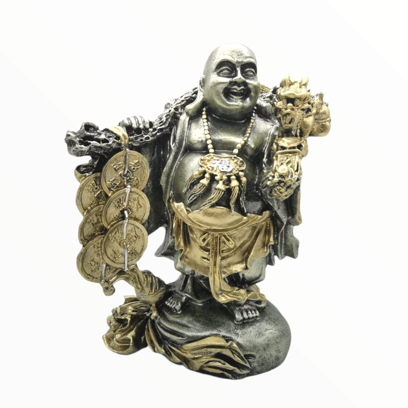 Buda De Pie Plateado 23cm (buda Abundancia De Regalo 6cm)