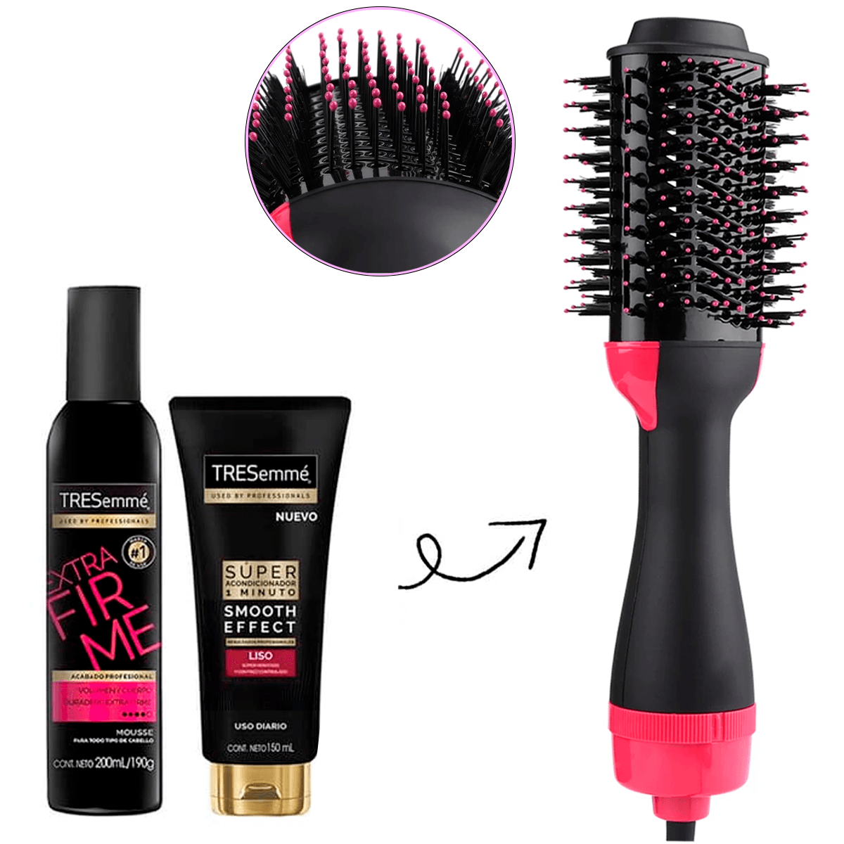 Cepillo Secador De Cabello  Anti-Frizz + Mousse Tresemmé Extra Firme 200 ml +  Tresemmé Super Acondicionador 1 Minuto