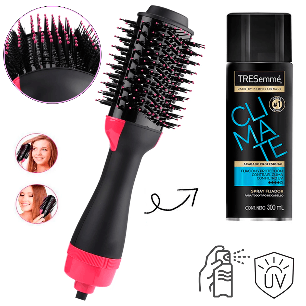 Cepillo Secador De Cabello  Anti-Frizz + Spray Fijador Tresemmé Climate 300 ml Cuidado Del Cabello