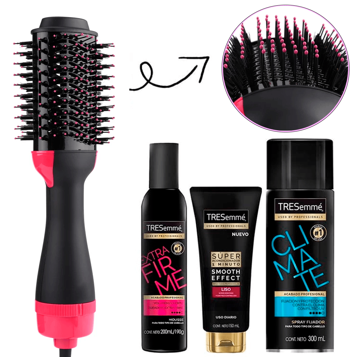 Cepillo Secador De Cabello Anti-Frizz + Set Cabello Tresemme Cuidado Del Cabello