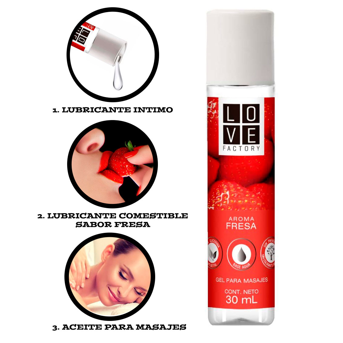 Lubricante Intimo y Gel Para Masaje Intimo Sabor Fresa Love Factory Cont. 30 ml