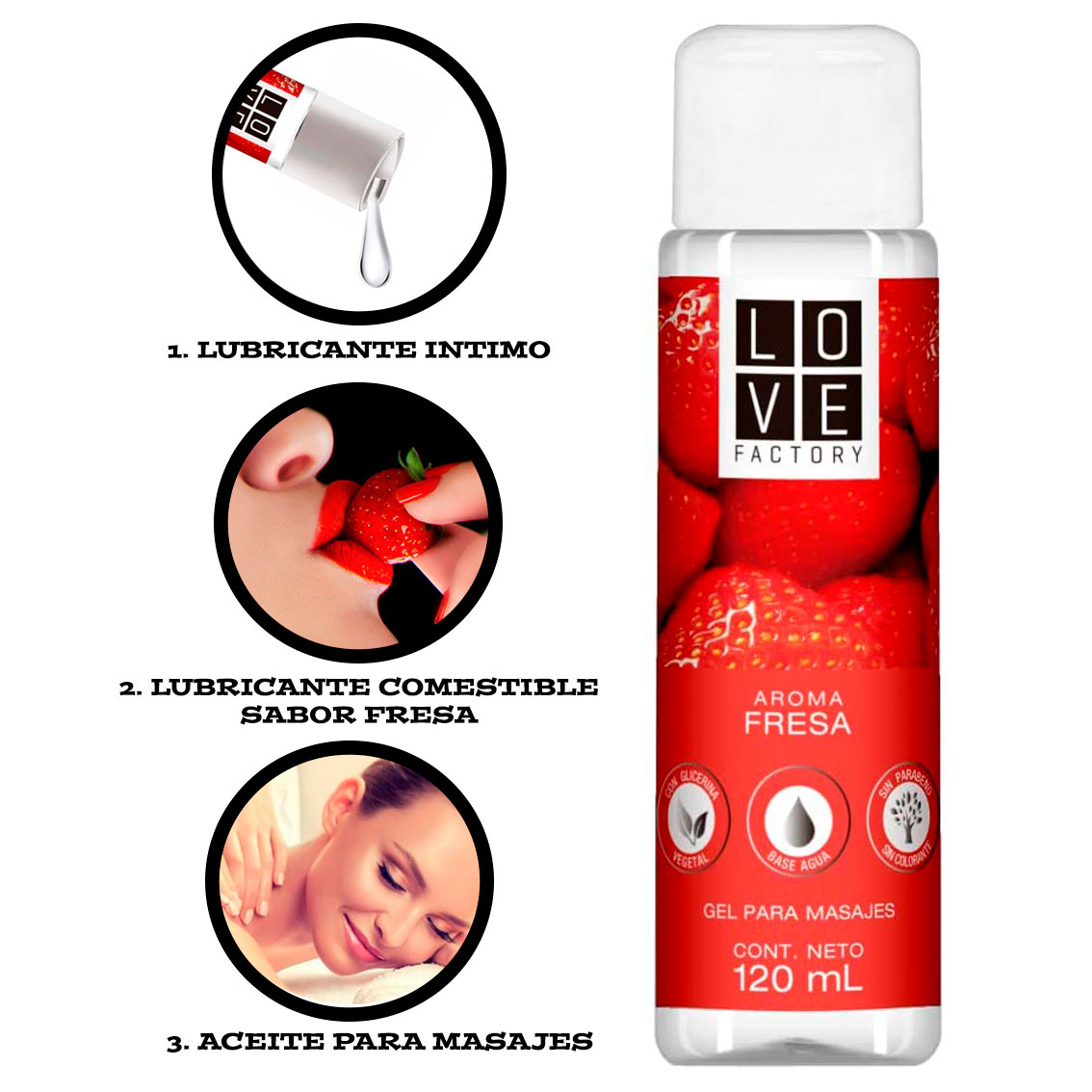 Lubricante Intimo y Gel Para Masaje Intimo Sabor Fresa Love Factory Cont. 120 ml