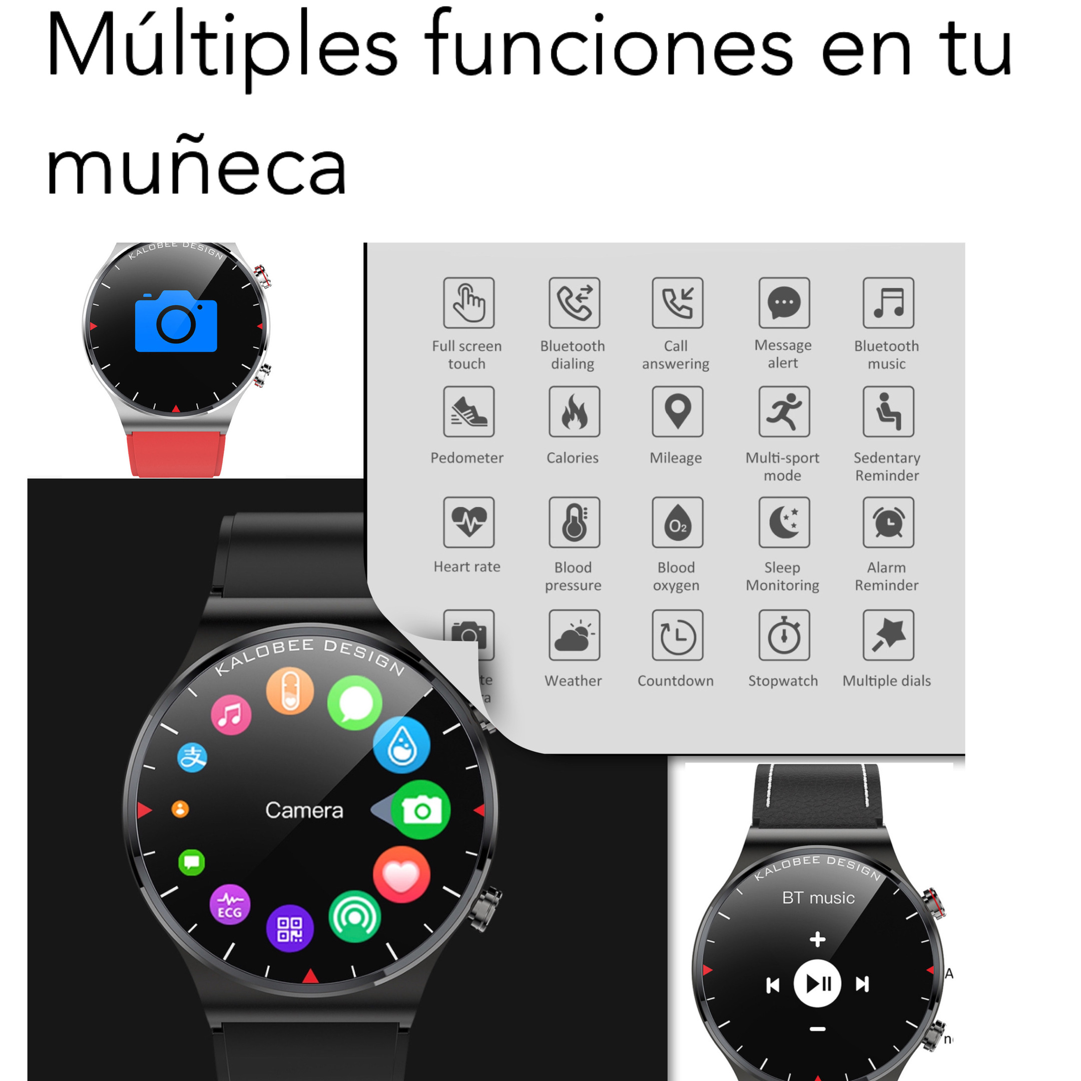 Fino Smartwatch para caballero, Oximetro, Salud, ejercicio, Llamadas, Notificaciones con 3 correas para iPhone y Android