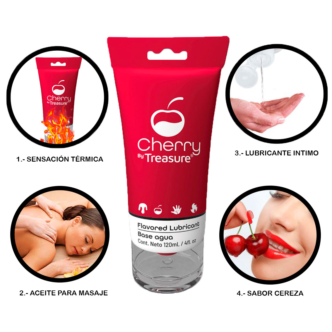 Lubricante con Efecto Térmico Sabor a Cereza - Gel Para Masajes - Ideal Para Juguetes - Cont. 125 ml 