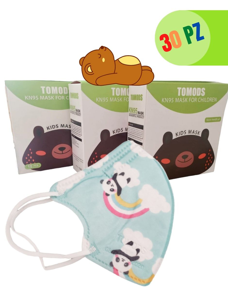 30 piezas de cubrebocas certificados KN95 Infantil Tomods  azul de pandas y arcoiris