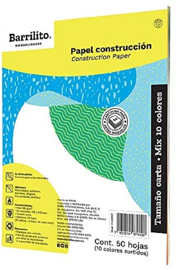 Block papel construcción carta Mix de 10 colores, Paquete con 50 Hojas Barrilito