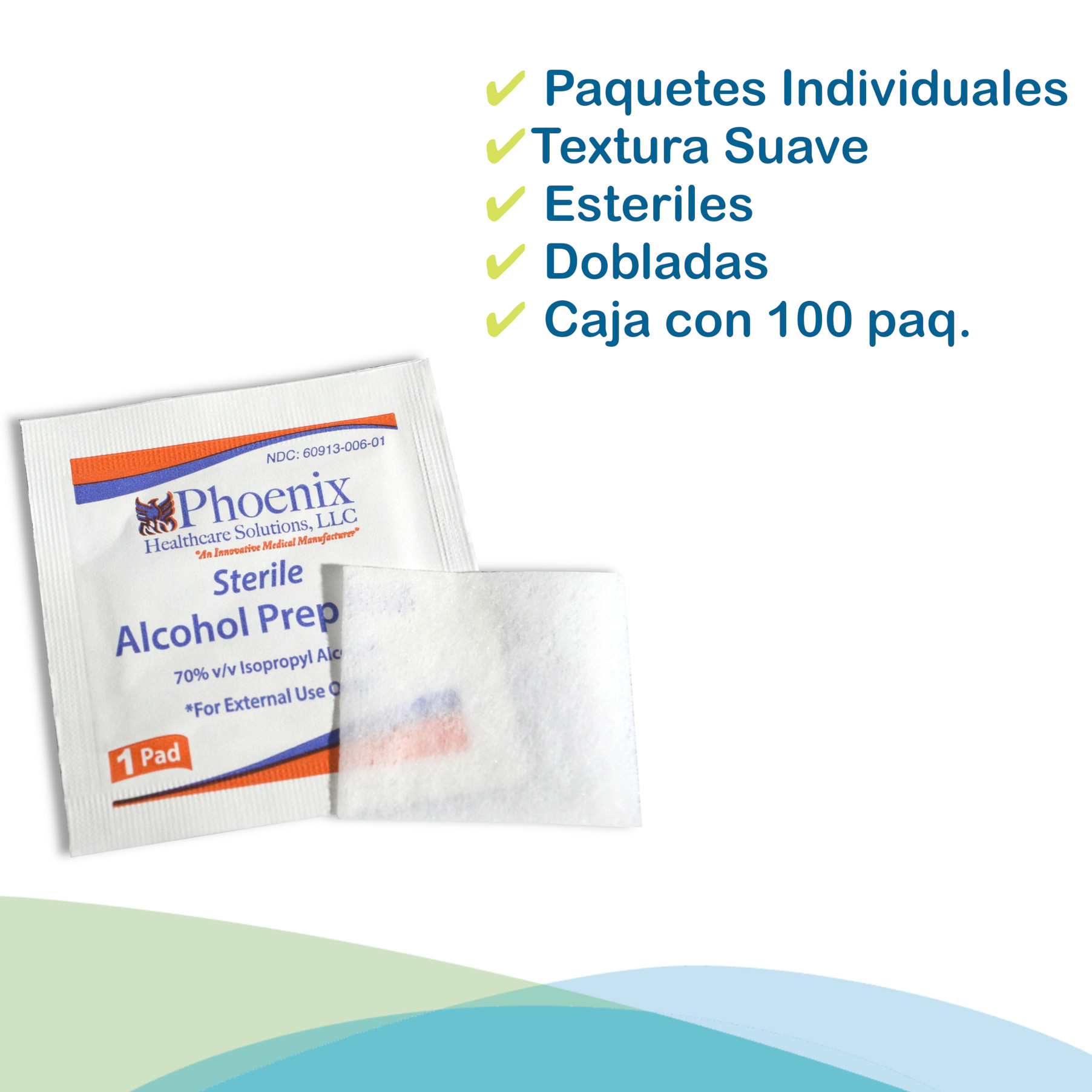 200 Toallitas con Alcohol Phoenix para la aplicación de inyecciones, punciones, raspaduras o desinfección. 70% alcohol isopropílico