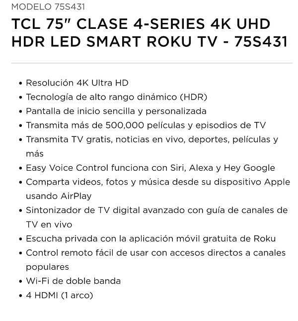 Television Smart Tv TCL 75 Pulgadas 4k Uhd Hdr Led Con Roku