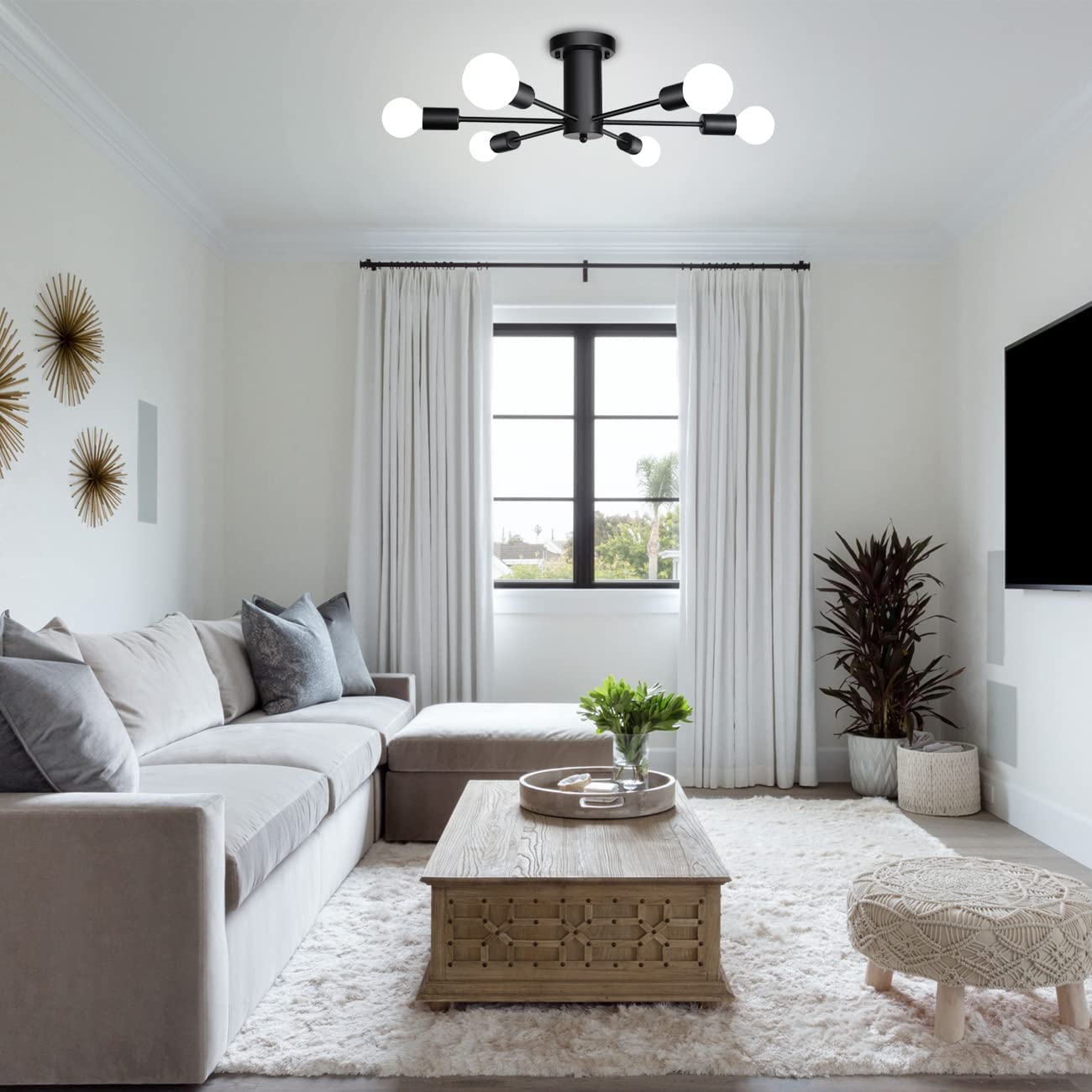 Lampara de techo estilo industrial hierro forjado minimalista negro con blanco 6 luces