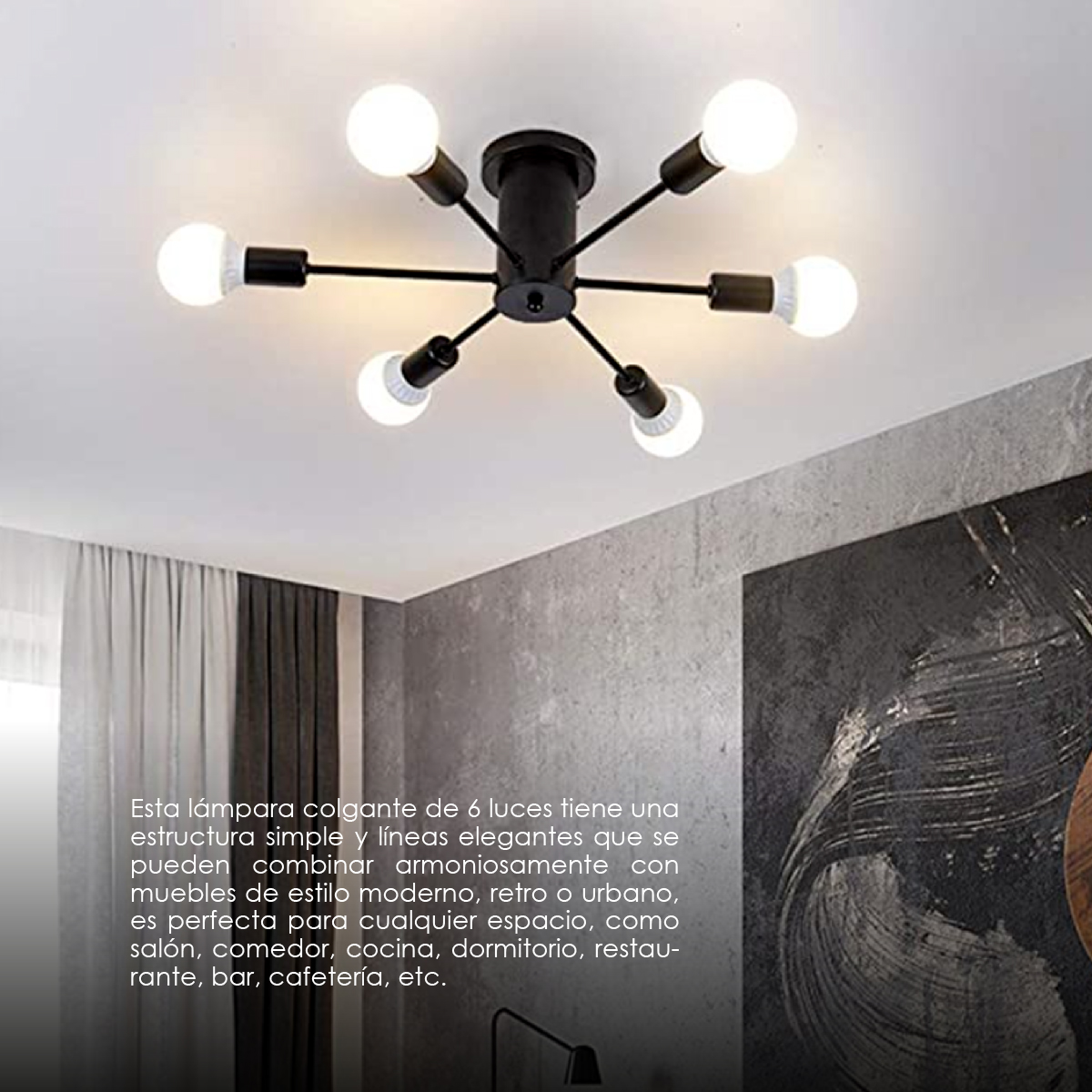 Lampara de techo estilo industrial hierro forjado minimalista negro con blanco 6 luces