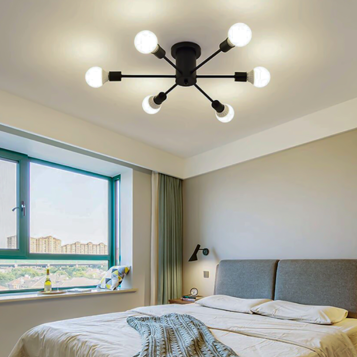 Lampara de techo estilo industrial hierro forjado minimalista negro con blanco 6 luces