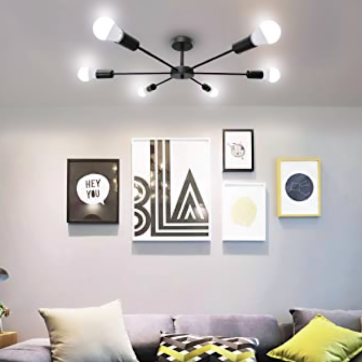 Lampara de techo estilo industrial hierro forjado minimalista negro con blanco 6 luces