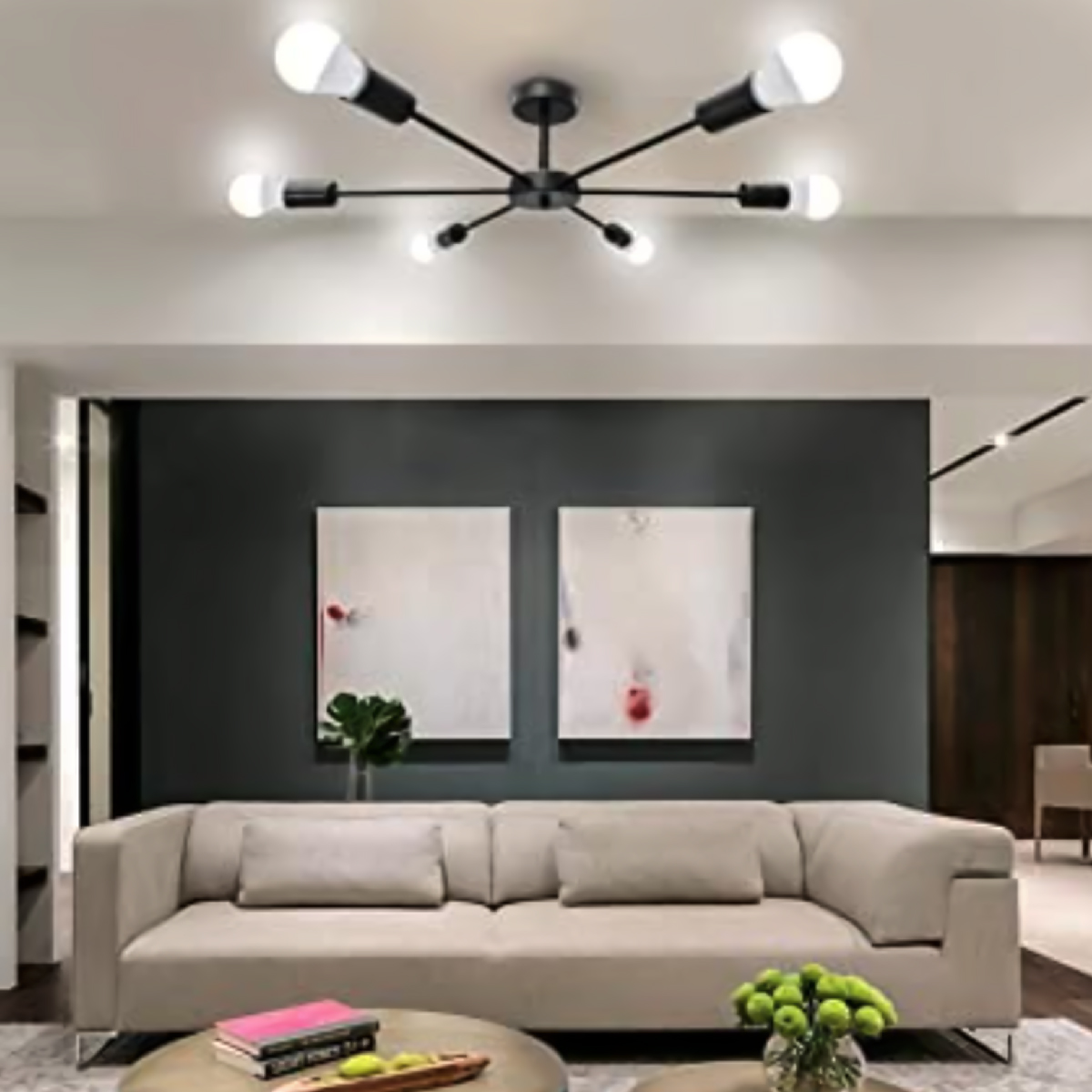 Lampara de techo estilo industrial hierro forjado minimalista negro con blanco 6 luces