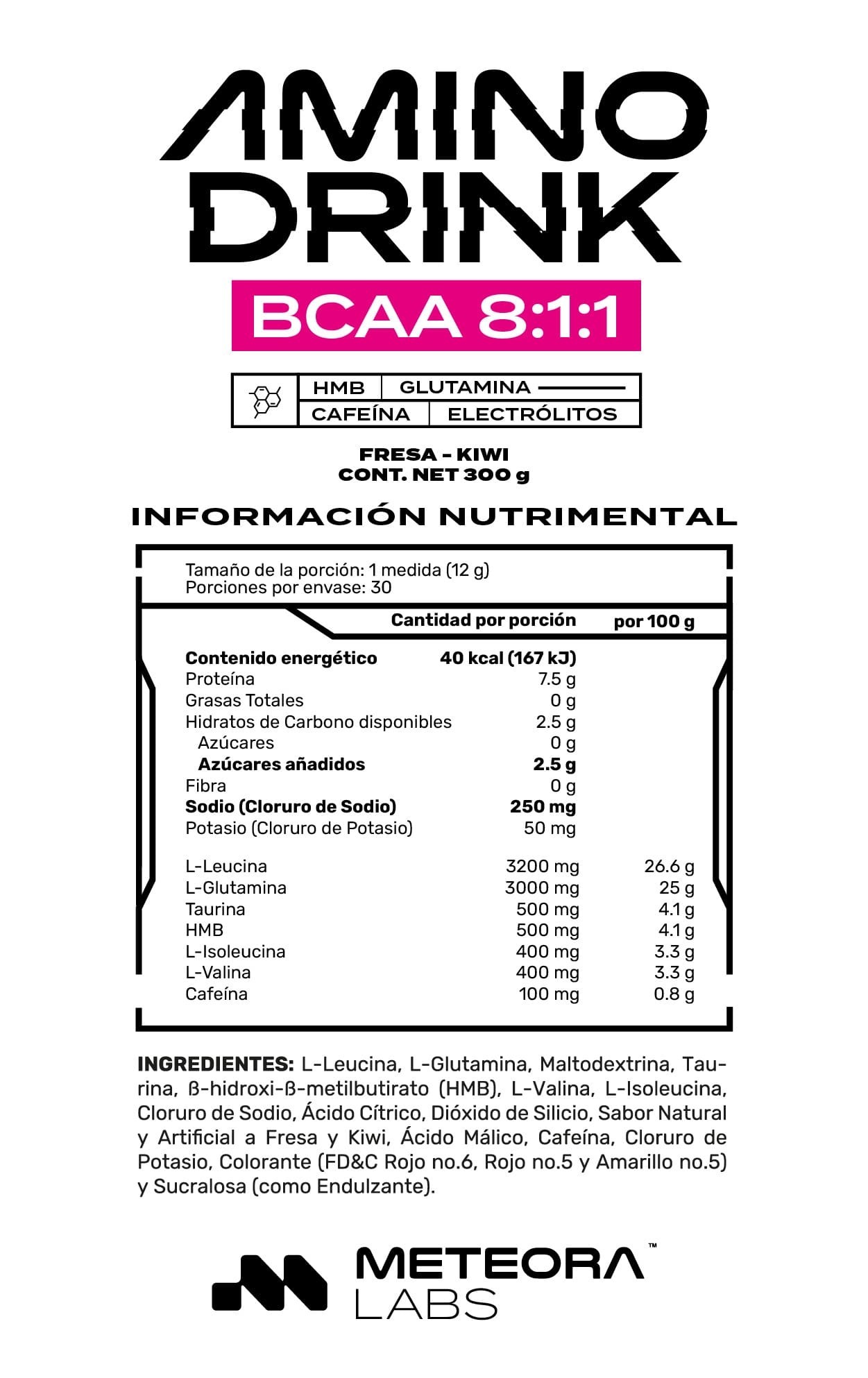 METEORA LABS | Aminodrink | BCAA 8:1:1 | HMB | BCAA Aminoácidos de cadena ramificada | Electrólitos | Glutamina | 30 Porciones por envase | Sin Azúcares Añadidos | Sabor a Fresa con Kiwi