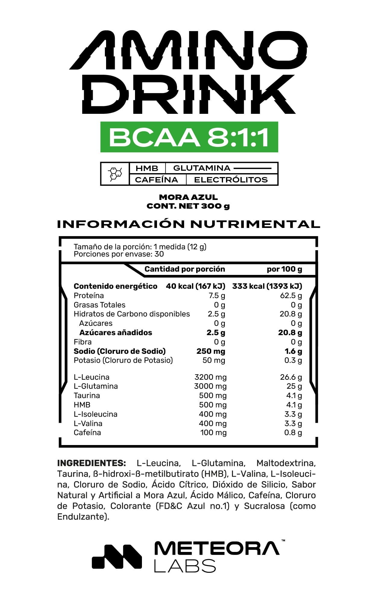 METEORA LABS | Aminodrink | BCAA 8:1:1 | HMB | BCAA Aminoácidos de cadena ramificada | Electrolitos | Glutamina | 30 Porciones por envase | Sin Azúcares Añadidos | Sabor a Mora azul