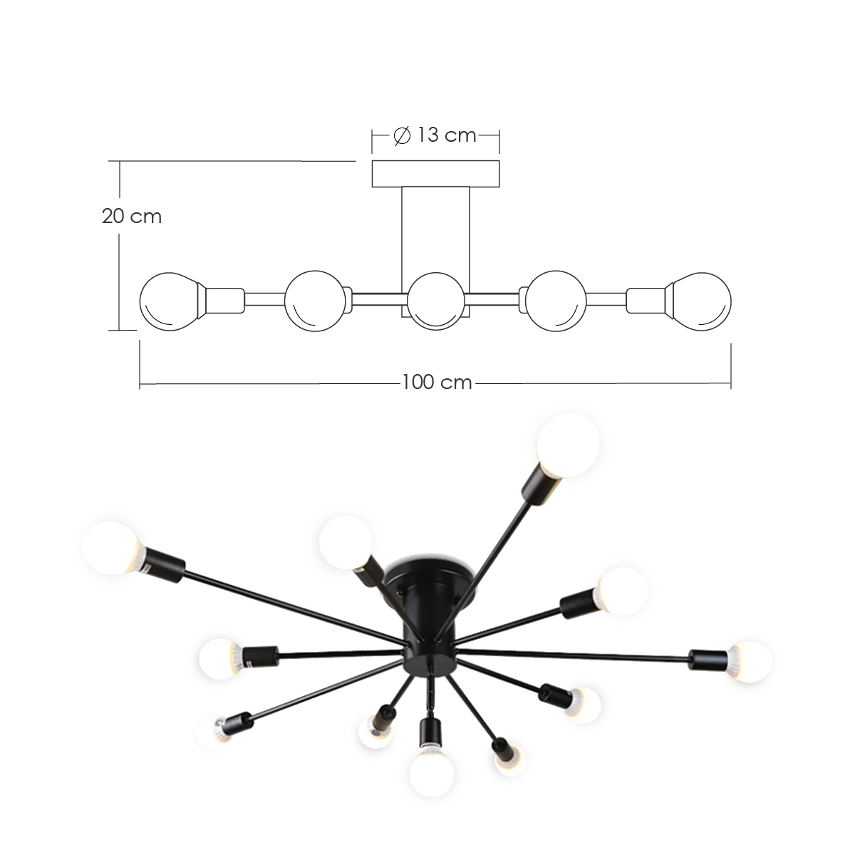 Lampara de techo estilo industrial hierro forjado minimalista negro con blanco 10 luces