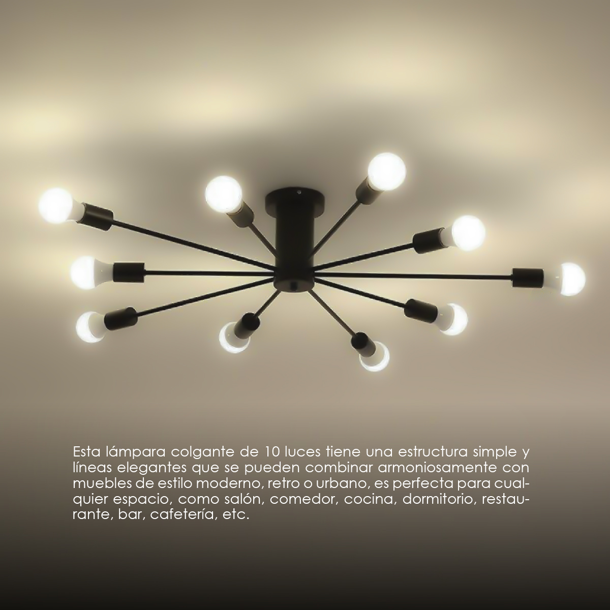 Lampara de techo estilo industrial hierro forjado minimalista negro con blanco 10 luces