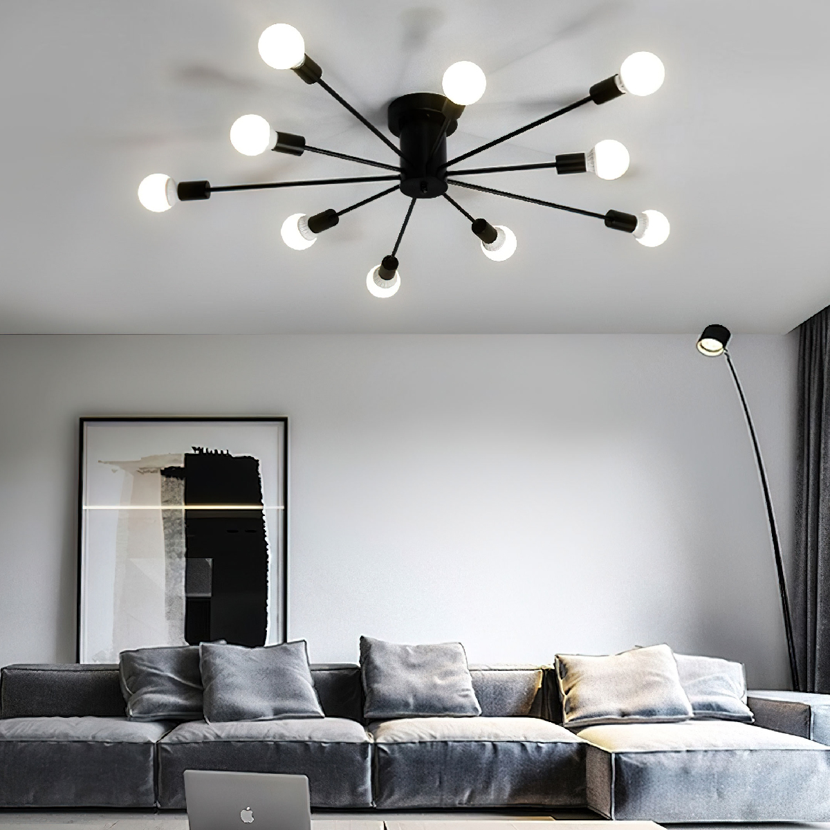 Lampara de techo estilo industrial hierro forjado minimalista negro con blanco 10 luces