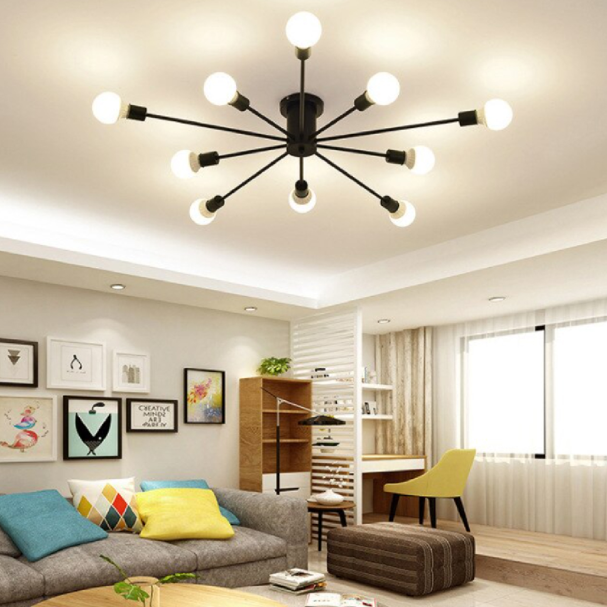 Lampara de techo estilo industrial hierro forjado minimalista negro con blanco 10 luces