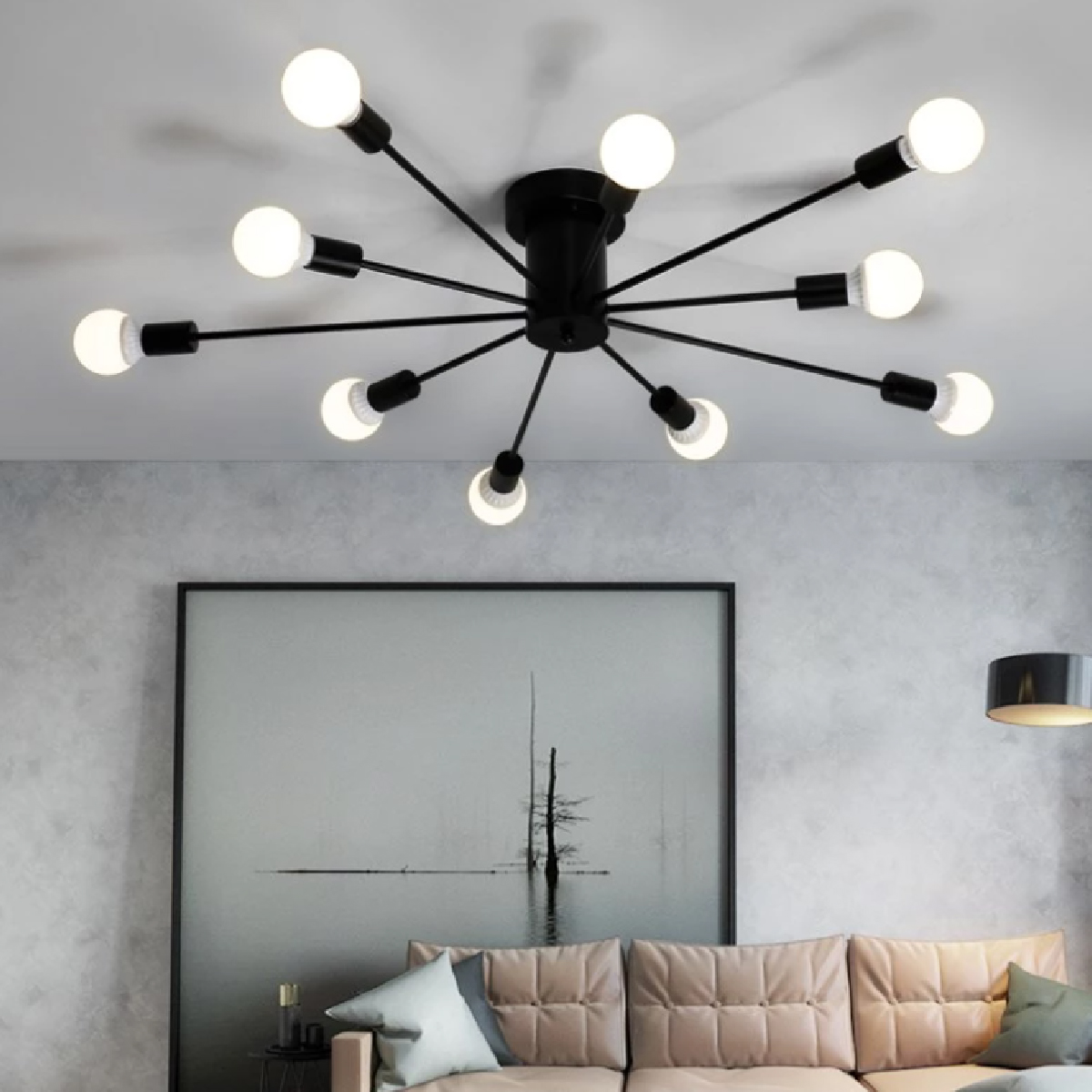 Lampara de techo estilo industrial hierro forjado minimalista negro con blanco 10 luces