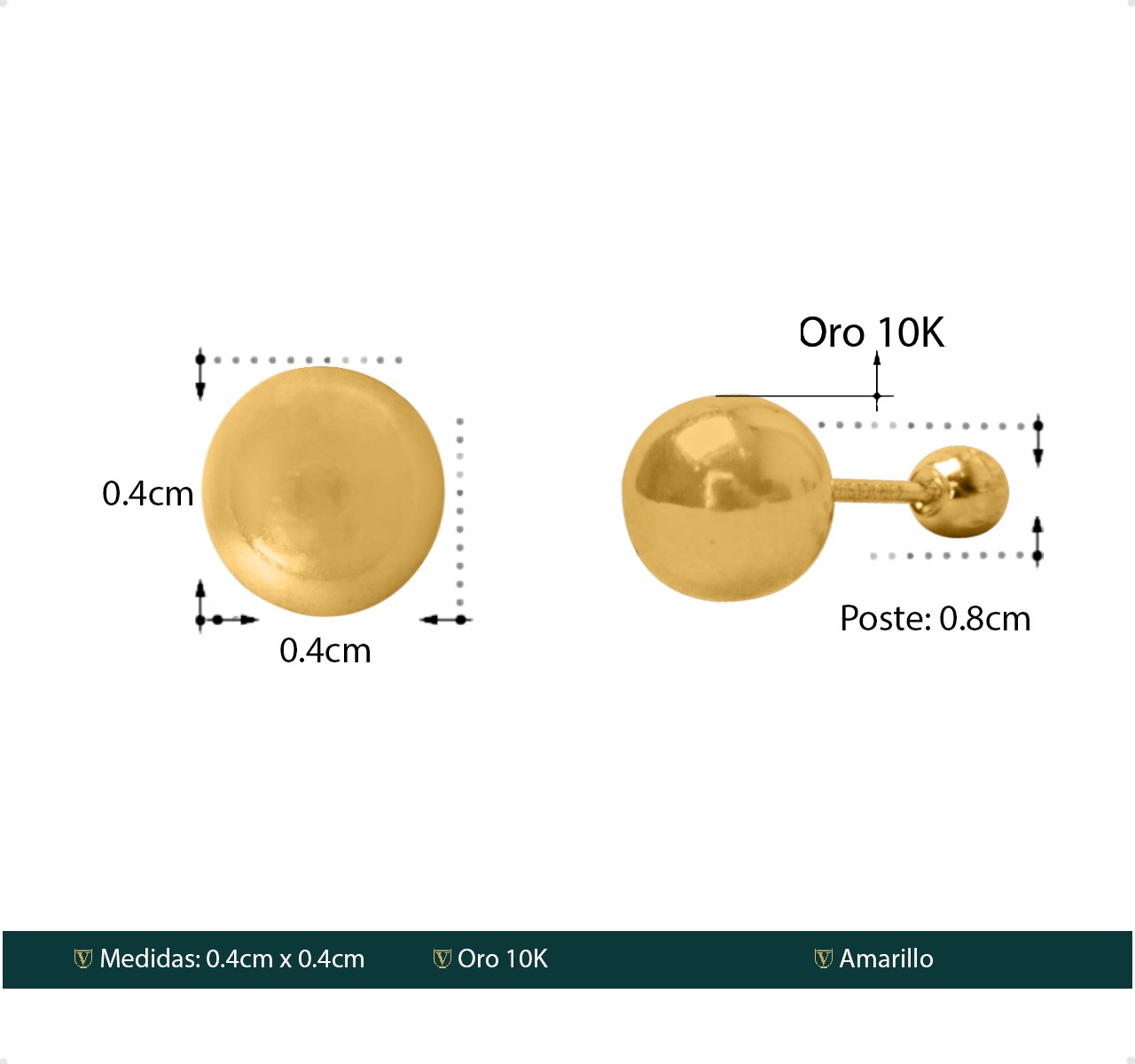 Aretes | Broqueles Bola 4mm VAROURO Oro 10k + Estuche Regalo