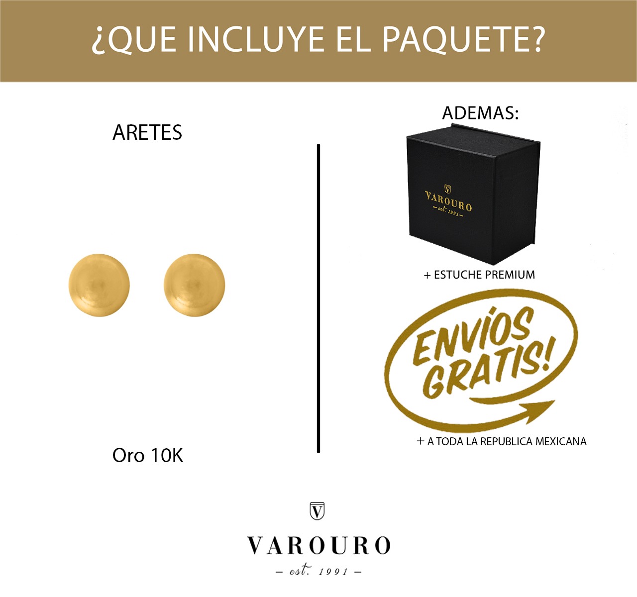 Aretes | Broqueles Bola 4mm VAROURO Oro 10k + Estuche Regalo