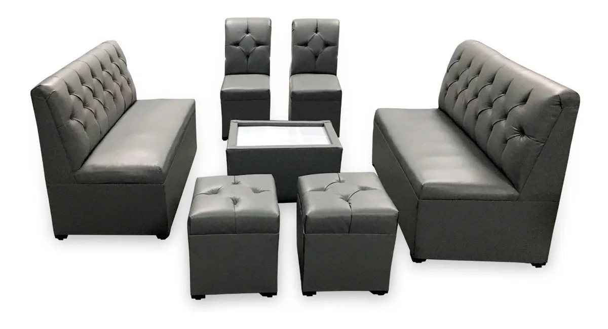 Sala Lounge Capitonada Gris Minimalista Moderna Sillones Puff