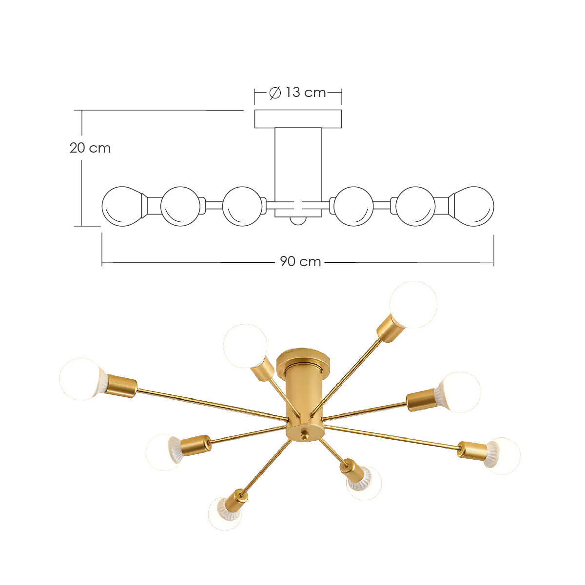 Lampara de techo estilo industrial hierro forjado minimalista gold 8 luces