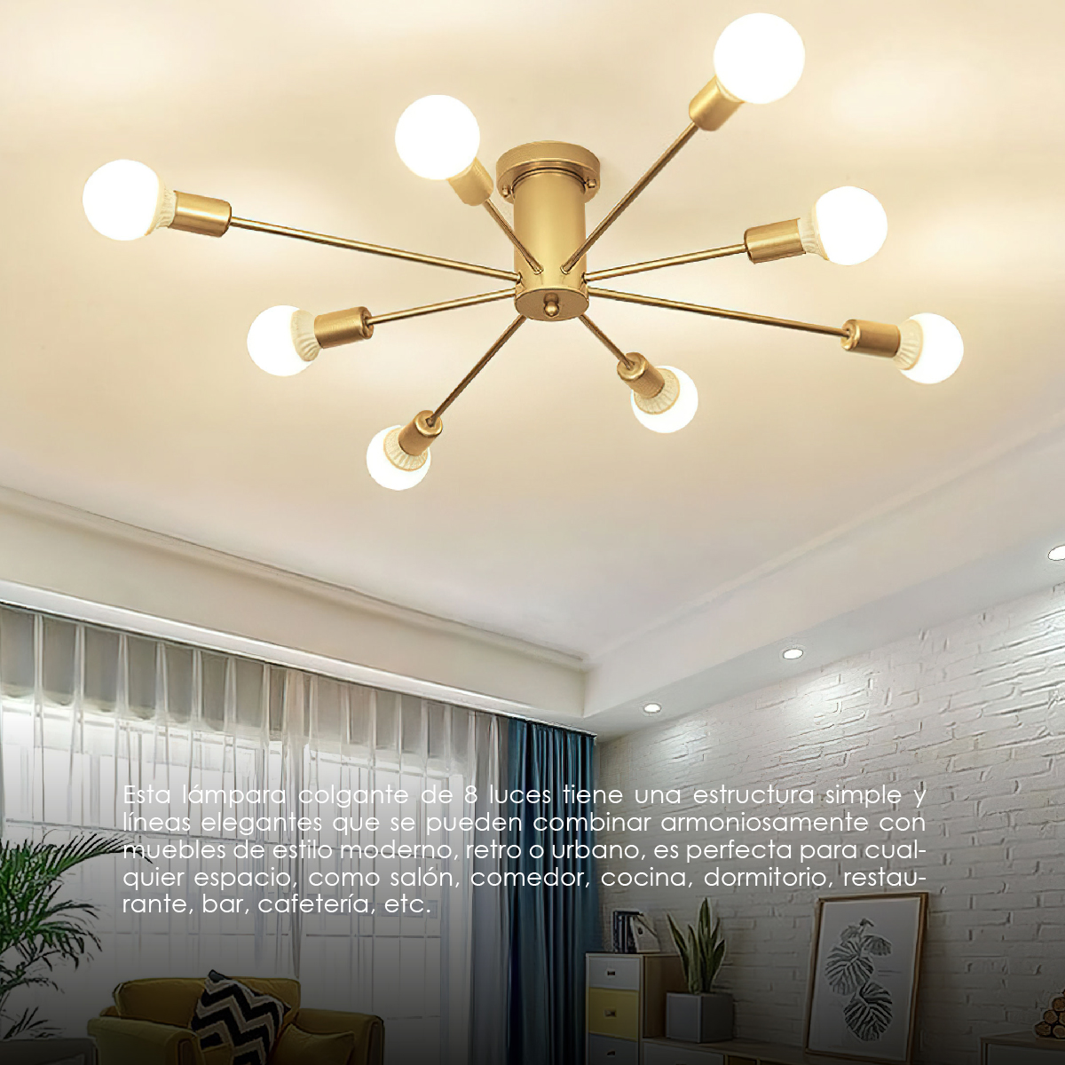 Lampara de techo estilo industrial hierro forjado minimalista gold 8 luces