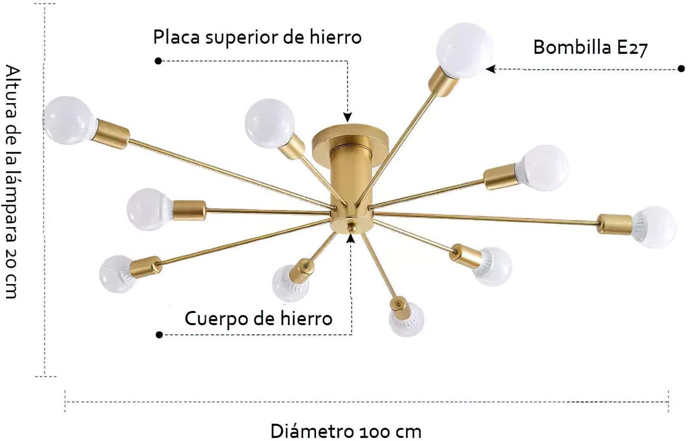 Lampara de techo estilo industrial hierro forjado minimalista gold 10 luces.
