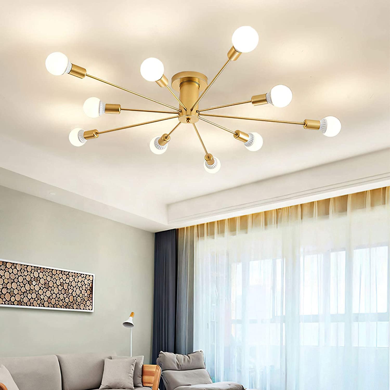 Lampara de techo estilo industrial hierro forjado minimalista gold 10 luces.