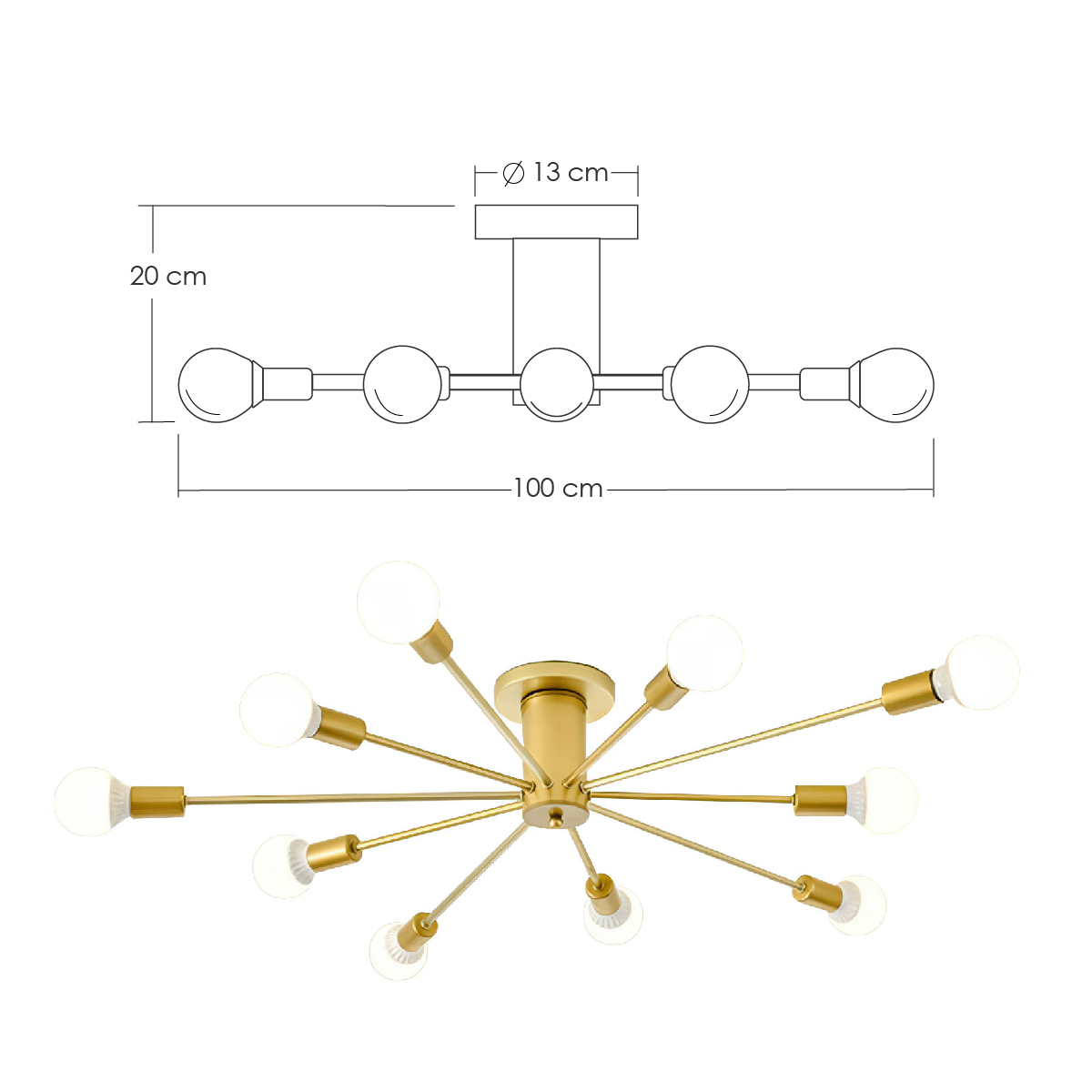 Lampara de techo estilo industrial hierro forjado minimalista gold 10 luces.