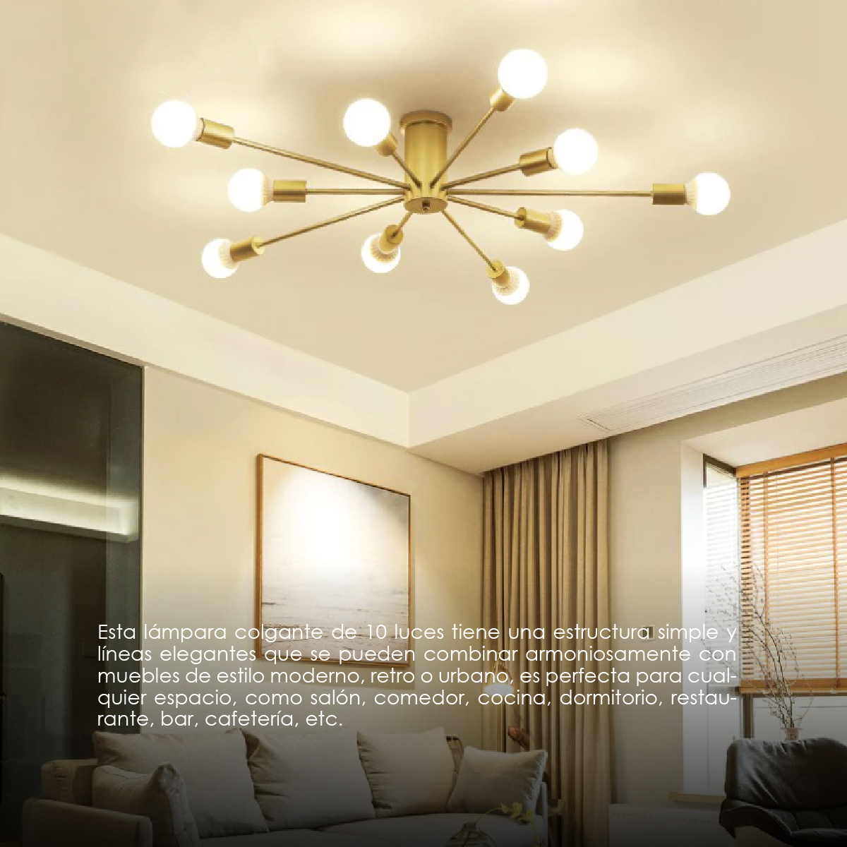 Lampara de techo estilo industrial hierro forjado minimalista gold 10 luces.