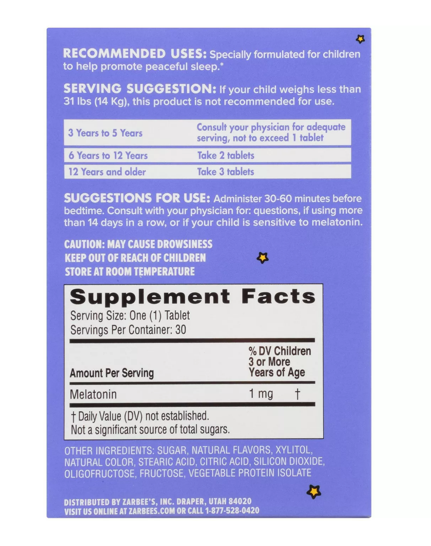 Zarbees Childrens Sleep Melatonin 30ct Grape Melatonina para Niños con 30 comprimidos Sabor Uva