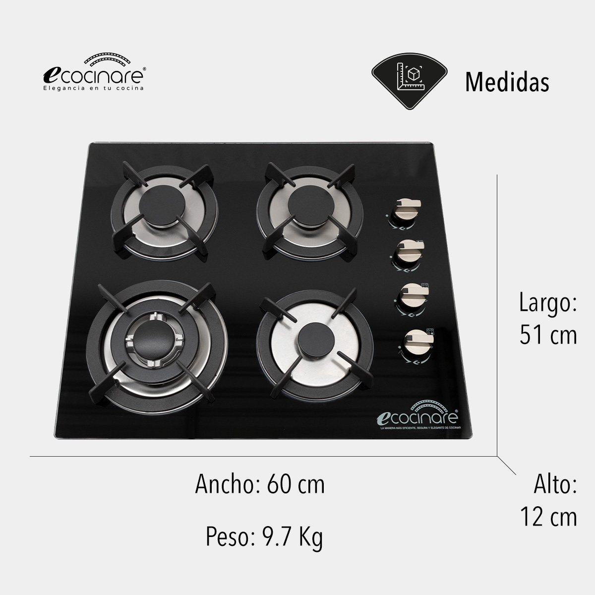 PARRILLA ESTUFA DE GAS EMPOTRABLE // COMPATIBLE CON GAS LP Y GAS NATURAL SOPORTES DE HIERRO FUNDIDO, ENCENDIDO ELECTRONICO, PERILLAS METALICAS.
