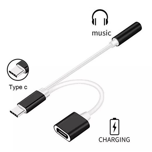 Adaptador de USB tipo C a Audífonos Auxiliar 3.5mm y Entrada tipo C Carga Bifurcada