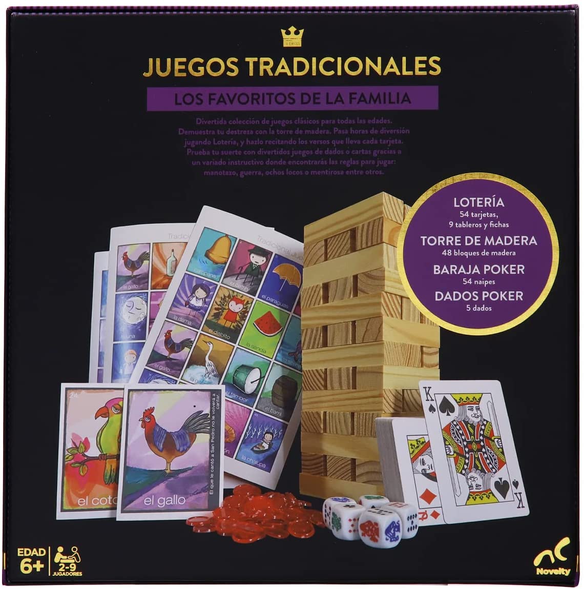 Novelty, juego tradicional 3 en 1. Poker, Loteria, Jenga para Toda la Familia, Nuevo 